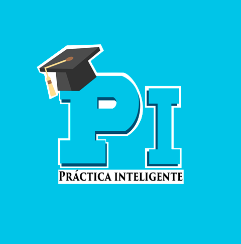 Logotipo de Práctica Inteligente en fondo de color celeste.